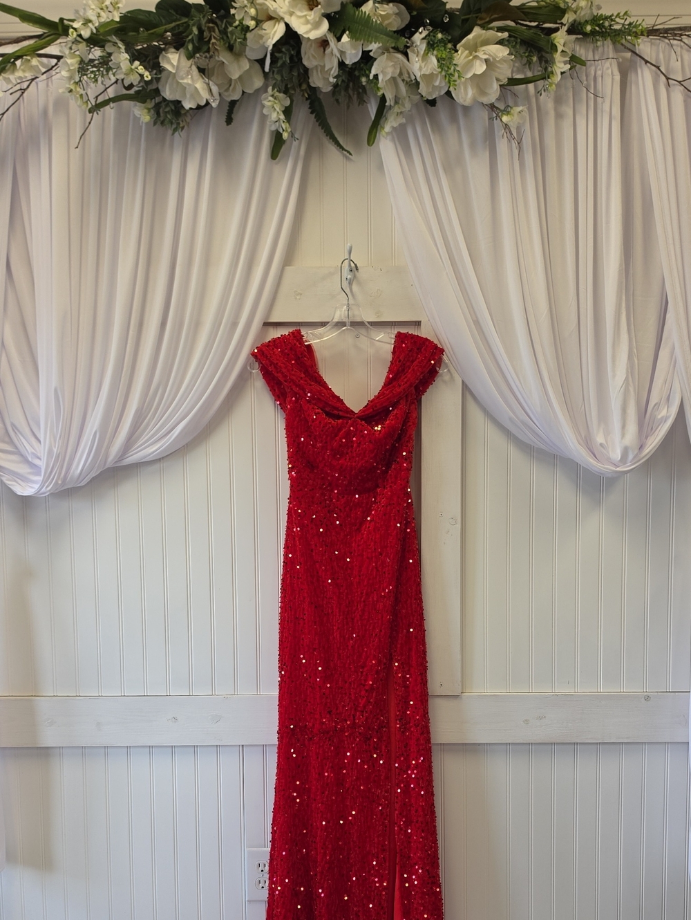 NEW Red Full Sequin Cowl Drape Neck Evening Gown Maxi Dress Size 4